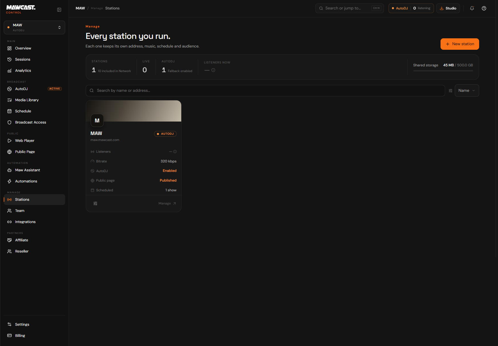 Stations page in Control