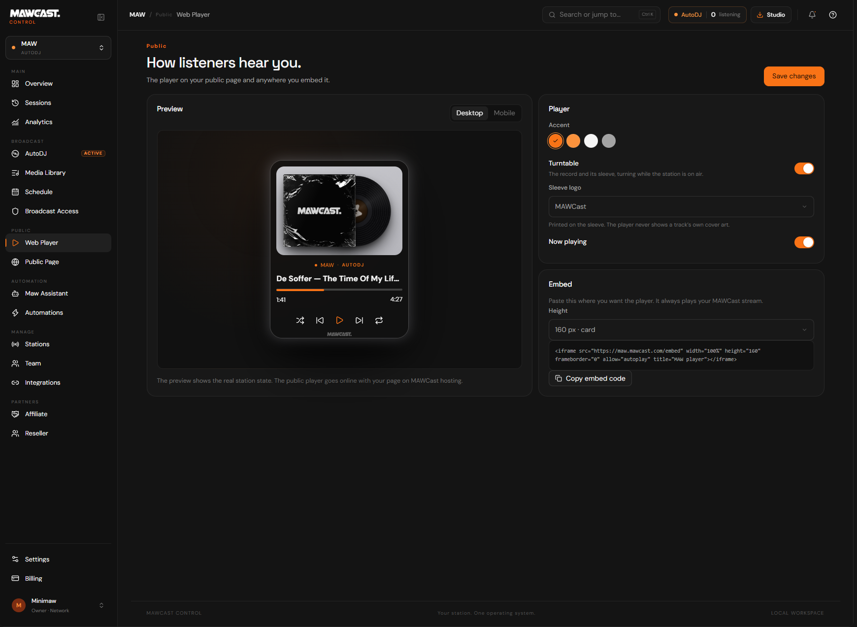 Web player editor in Control