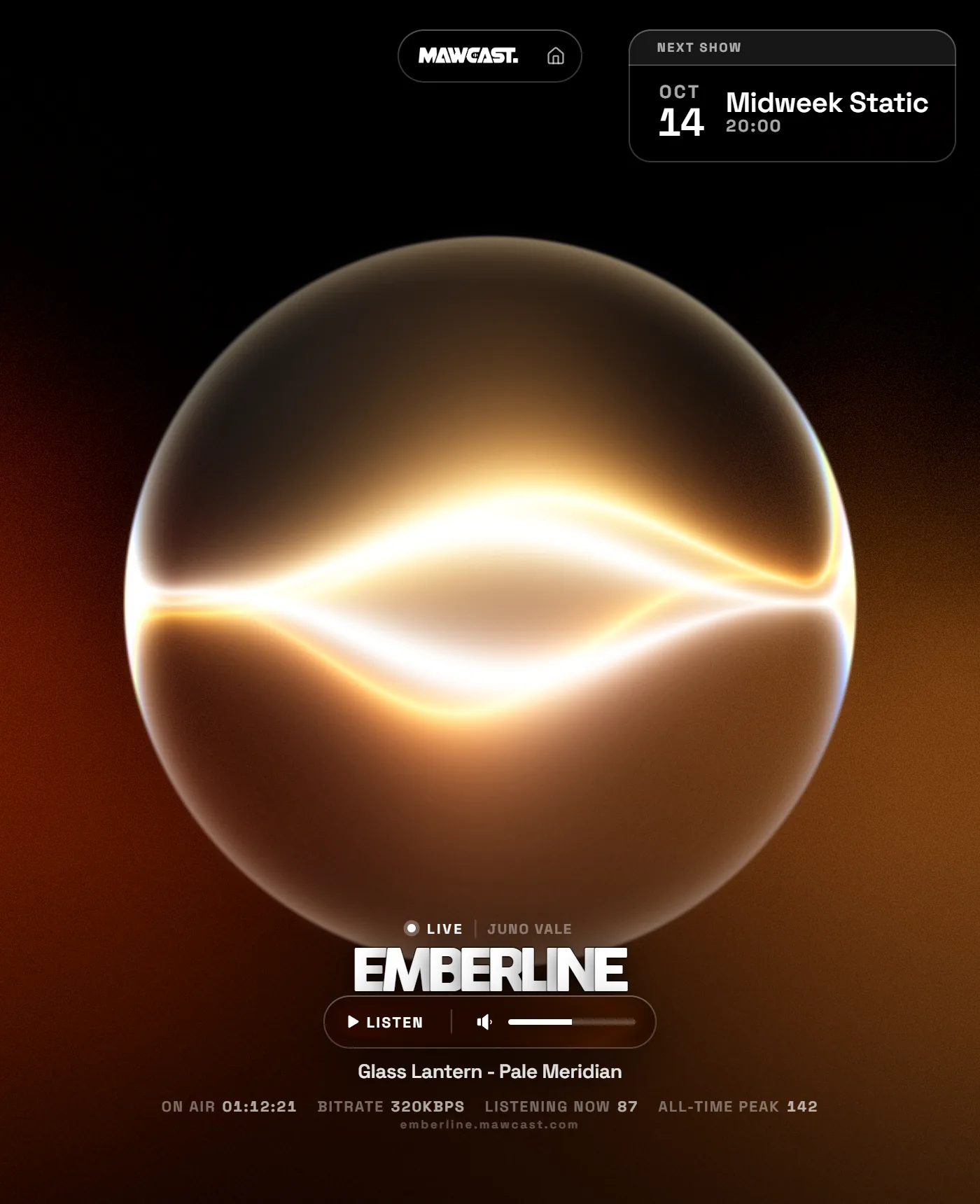 The public page of an example station on MAWCast: the station name over its visualizer, a live broadcaster, the listen button, the track playing, listeners now, the all-time peak and the next show.