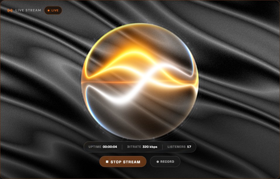The Live panel in MAWCast Studio on air: the sphere on the Silk backdrop, with uptime, bitrate and listeners above STOP STREAM and RECORD